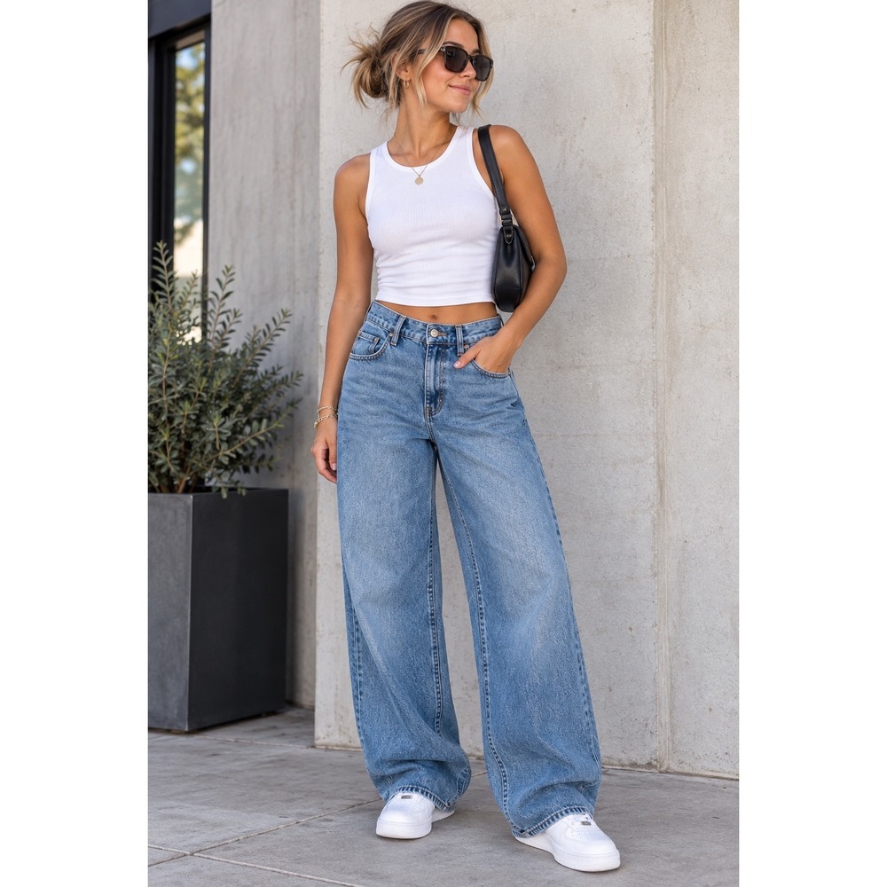 Hollister Ultra High-Rise Baggy Jeans Womens 12R W31R Medium Wash Blue Cotton